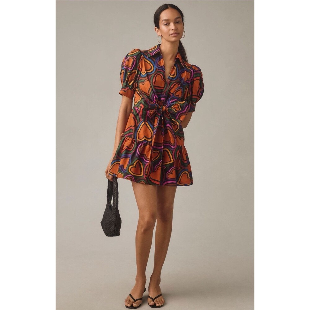 Farm Rio Mini Dress Orange Heart Puff Sleeve Bow Front Vacay Boho Large NWT